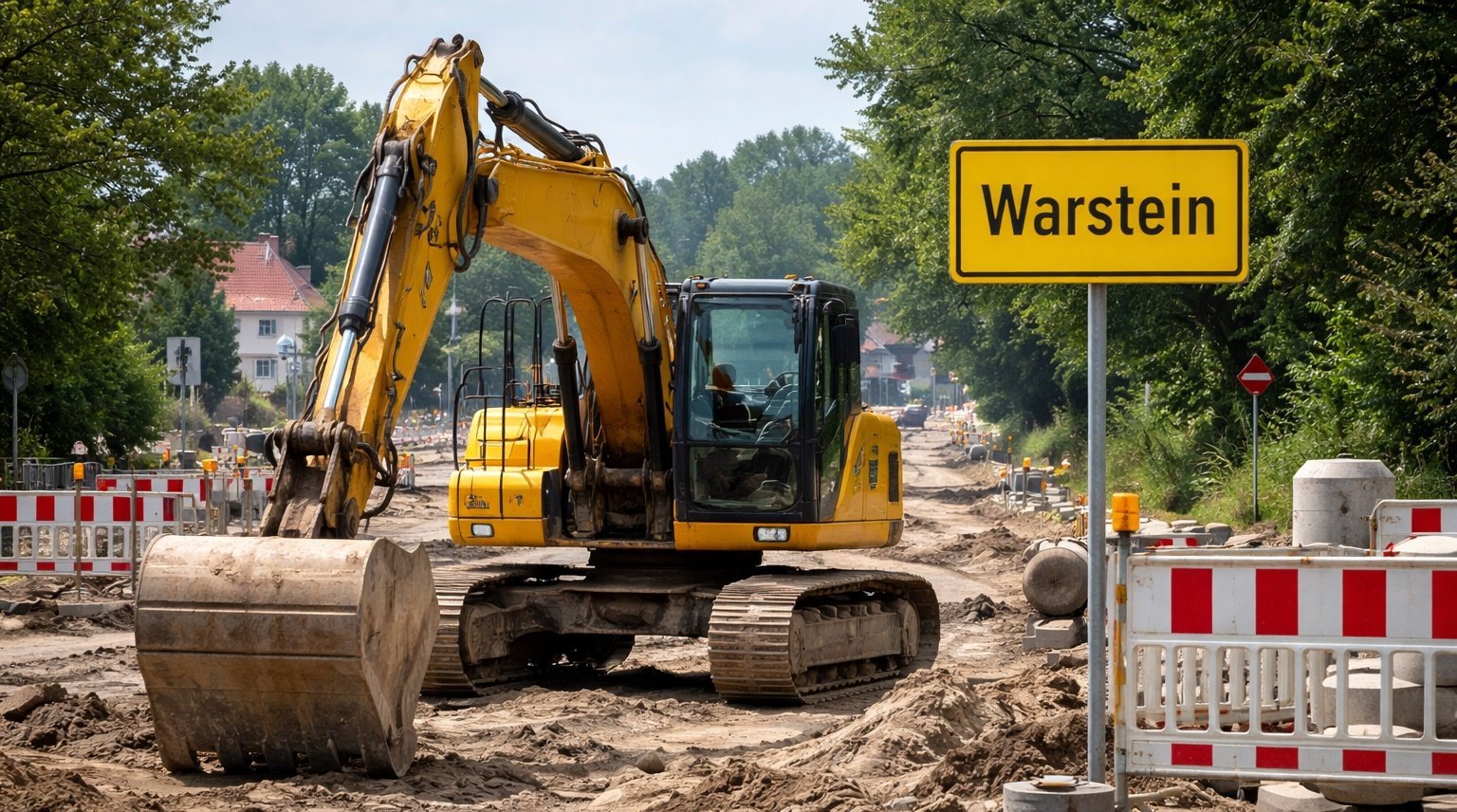 Das Bild zeigt eine Straßen-Großbaustelle mit einem Bagger im Vordergrund. An der Seite sieht man das Ortsschild von Warstein