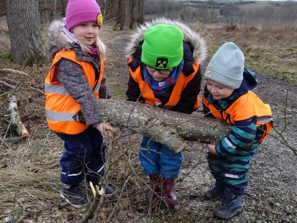 Drei Kinder tragen einen schweren Ast