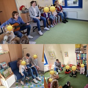 Collage verschiedener Fotos, auf denen der Bürgermeister mit den Kindern, singt, liest und spielt