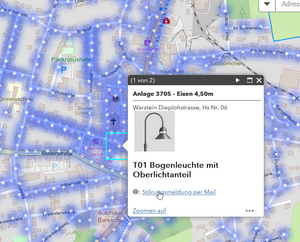 Screenshot der Straßenbeleuchtung-Stadtplananwendung "Störung melden"