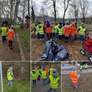 Collage verschiedener Fotos mit Kindern in Warnwesten beim Sammln von Müll