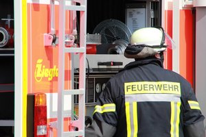 Feuerwehrmann mit Rücken zur Kamera vor einem Feuerwehrauto. Foto: Pixabay