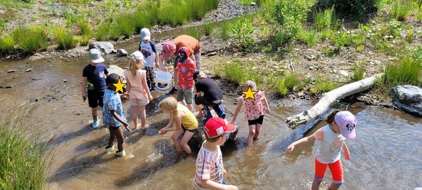 Kinder schöpfen Wasser und spielen im Bachlauf 