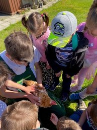 Kinder stehen im Kreis um den Bauern, der ein Huhn in den Händen hält