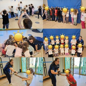 Fotokollage verschiedener Trainingssituationen und Gruppenfotos, auf denen die Trainerin und die Kinder zu sehen sind