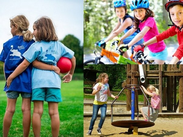 Collage aus drei Bildern mit Kindern beim Ballspiel, Radfahren und Schaukeln