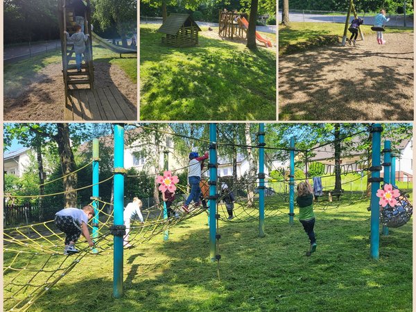Kinder klettern und spielen auf dem Spielplatz