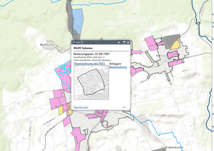 Screenshot der Stadtplankarte der Bebauungspläne, ein Informationsfenster ist geöffnet