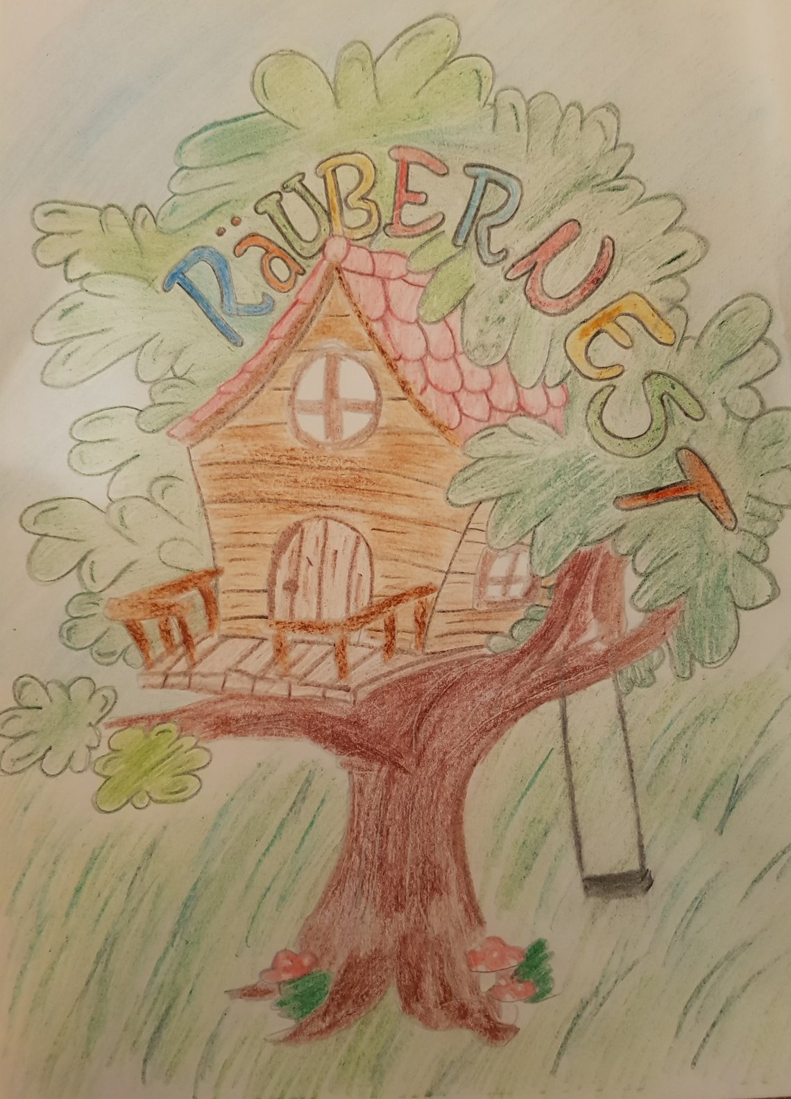 Zeichnung: Baumhaus mit Schriftzug "Räubernest"
