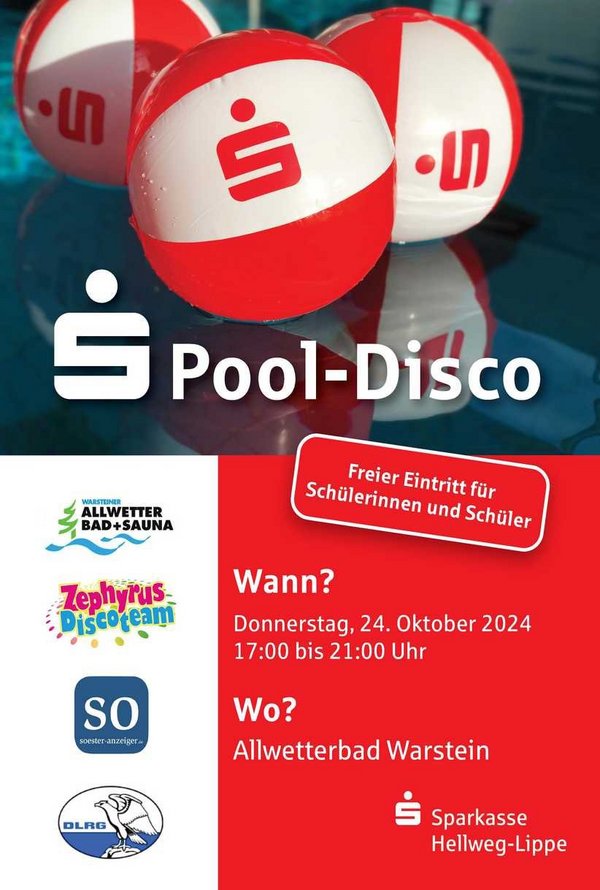 Veranstaltungsplakat - Wasserbälle, Sponsorenlogos und Informationen zur Pooldisco