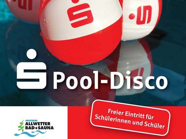 Veranstaltungsplakat - Wasserbälle, Sponsorenlogos und Informationen zur Pooldisco