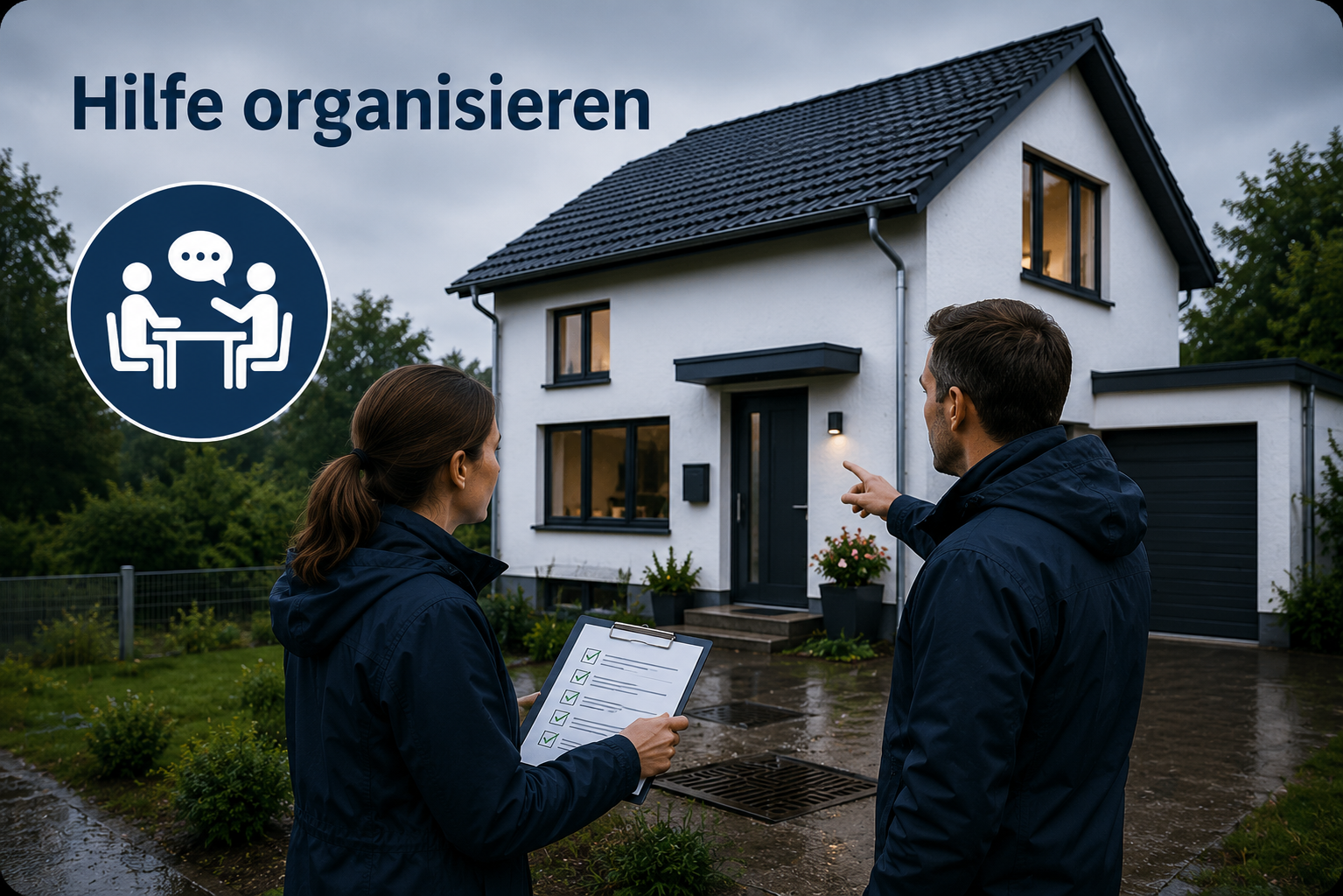 2 Personen begutachten ein Haus