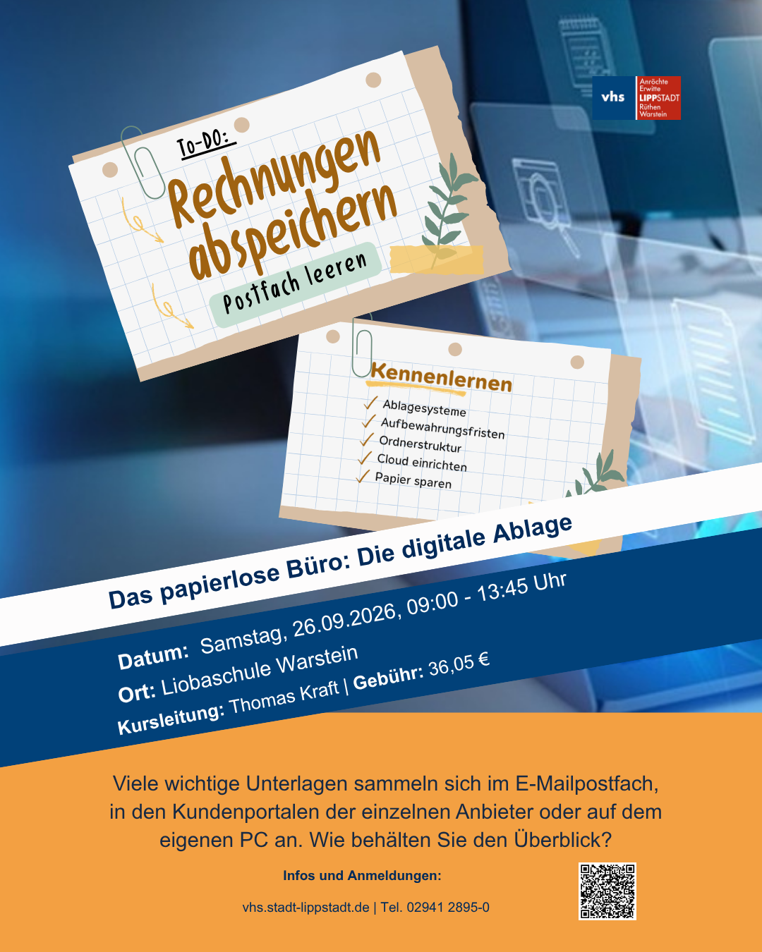 Die VHS Lippstadt bietet den Kurs "Das papierlose Büro" an. Die VHS Lippstadt bietet den Kurs "Das papierlose Büro" an.